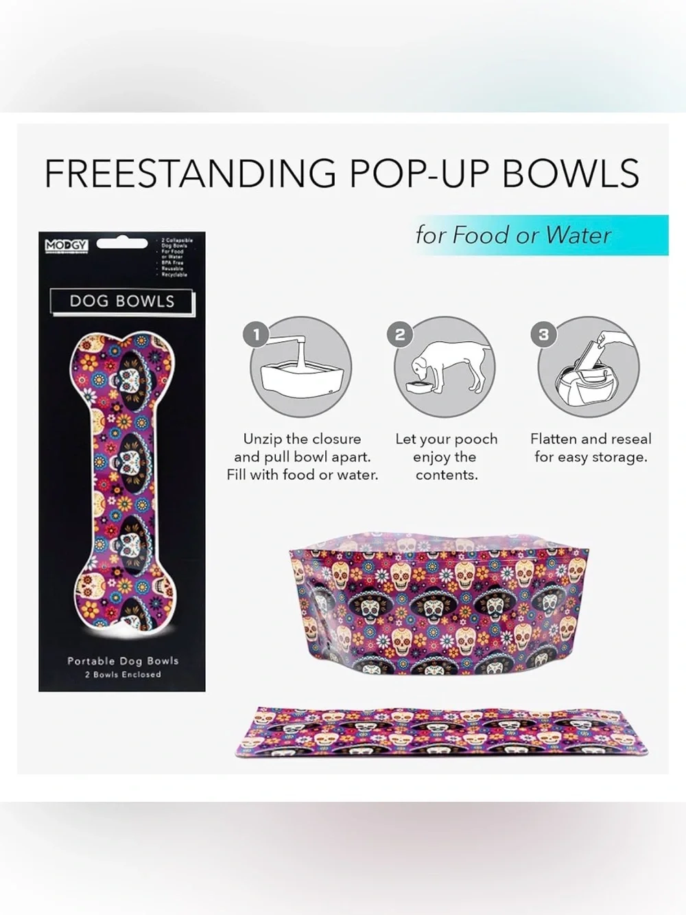 2-Pack Modgy Expandable Dog Bowls Set - Mexican Sugar Skulls Design - NWT